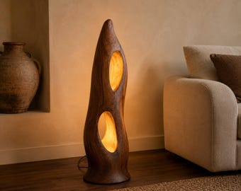 Lampe d'appoint sculpturale en bois personnalisée, lampe de table moderne organique, lampe d'ambiance Wabi Sabi pour décoration de chambre et de salon
