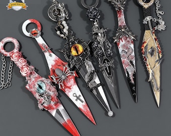 Handgemaakte kunai | Gotisch oog kunai mes decor | Mes van horrorhars met kettingen en bedels | Cosplayrekwisiet | Donker esthetisch cadeau