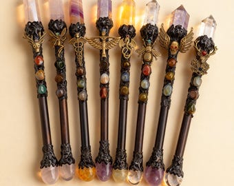 Varita de cristal de amatista hecha a mano, varita mágica de bruja, accesorio de cosplay de varita de hada, piedra preciosa de energía curativa, regalo de decoración para altar pagano wicca.