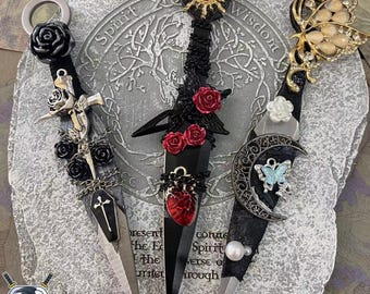 Handmade  Kunai, Fantasy Resin Knife with Butterfly, Moon, and Flower Charms, Cosplay Prop, Gothic Fairycore Gift
