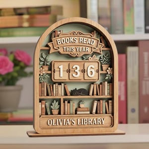 Vintage träbokskylt, personlig läsdisk, dekoration för böcker lästa i år, personlig bibliotekspresent till bokälskare bild 4