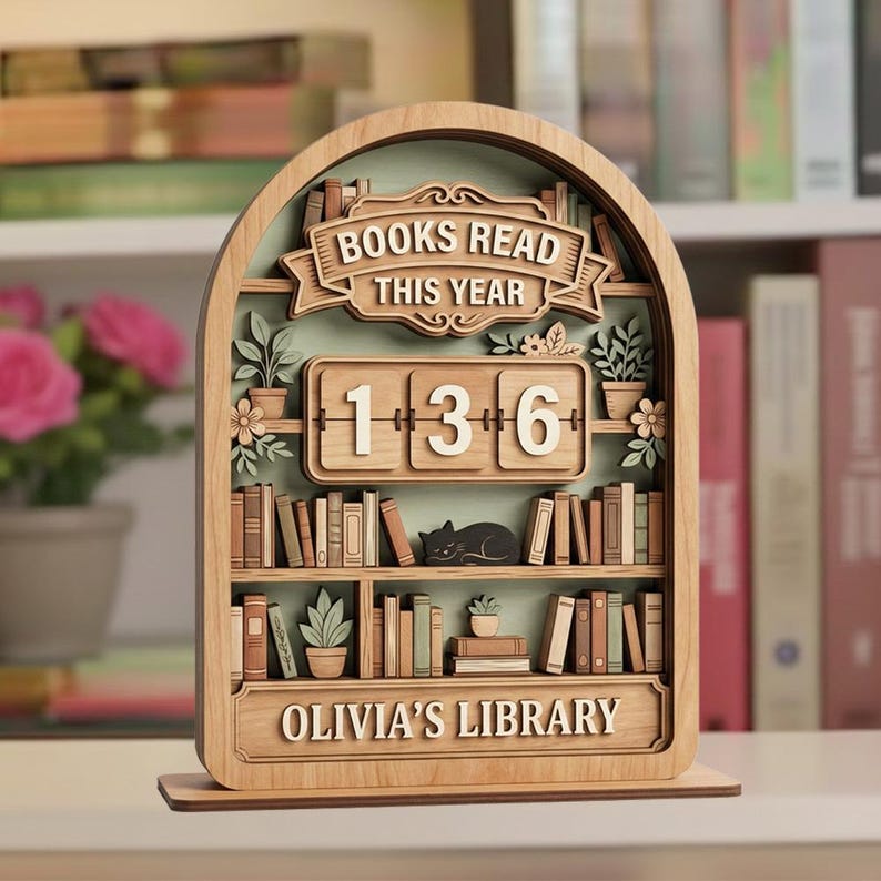 Vintage träbokskylt, personlig läsdisk, dekoration för böcker lästa i år, personlig bibliotekspresent till bokälskare bild 4