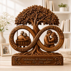 May include: A brown resin sculpture featuring an infinity symbol shaped like a tree with flowers. The left loop shows a couple on a swing with the text Arthur & Eleanor. The right loop shows a couple embracing with the text Rooted in Love, Growing in Life, Together Forever. The base reads Celebrating 50 Golden Years 1976 - 2026.