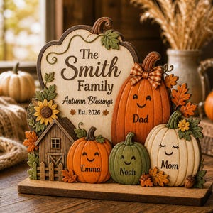 May include: A wooden tabletop decoration shaped like a large pumpkin, featuring the text The Smith Family, Autumn Blessings, and Est. 2026. It includes three smaller pumpkins labeled Dad, Emma, Noah, and Mom, plus a small barn and sunflowers.