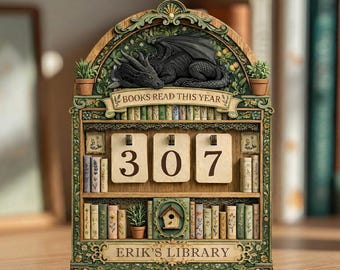 Rastreador de lectura de libros personalizado / Decoración de biblioteca con dragón botánico verde / Mostrador de desafío de lectura de fantasía / Letrero de escritorio estilo cottagecore