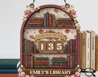 Aangepaste naamboek Lees dit jaar teller, Cottagecore Book Lover Gift, vintage bibliotheek boekenplankdecor, gepersonaliseerde boekentrackerbord