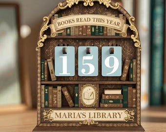 ヴィンテージ本トラッカー、カスタム図書館サイン、読書目標装飾、読書好きへのギフト、パーソナライズされた木製ブックカウンター