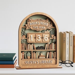 Vintage träbokskylt, personlig läsdisk, dekoration för böcker lästa i år, personlig bibliotekspresent till bokälskare bild 3