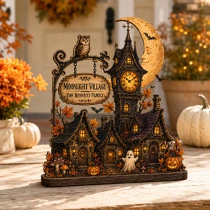 May include: A decorative tabletop display titled Moonlight Village The Bennett Family featuring a dark gothic clock tower, a crescent moon, an owl, a ghost, pumpkins, and autumn leaves. The structure includes illuminated windows and a clock face.