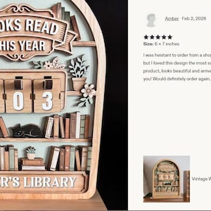 Vintage träbokskylt, personlig läsdisk, dekoration för böcker lästa i år, personlig bibliotekspresent till bokälskare bild 11