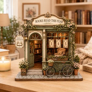 May include: A miniature bookstore model featuring a green facade, a hanging sign reading Emily's Bookshop, and a top sign reading Books Read This Year. The display includes a bicycle, flower boxes, and a window showing the number 145.