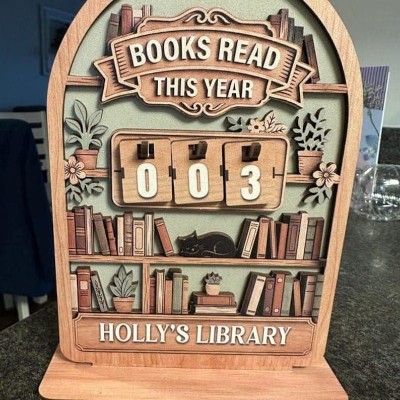 Vintage träbokskylt, personlig läsdisk, dekoration för böcker lästa i år, personlig bibliotekspresent till bokälskare bild 8