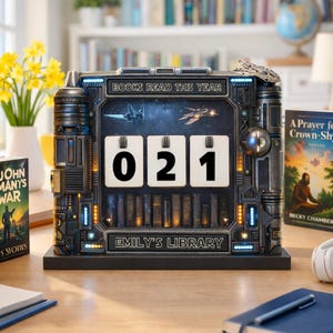 May include: A futuristic-style book counter with the text "BOOKS READ THIS YEAR" and "EMILY'S LIBRARY". The counter displays "021". The design includes spaceship illustrations and a row of miniature book spines.