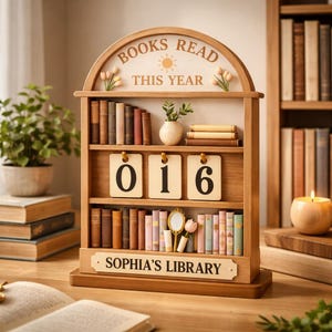 May include: Wooden bookshelf with the text "BOOKS READ THIS YEAR" and "SOPHIA'S LIBRARY". The bookshelf displays the number "016" and has miniature books, a vase with greenery, and a small mirror. A lit candle is visible.