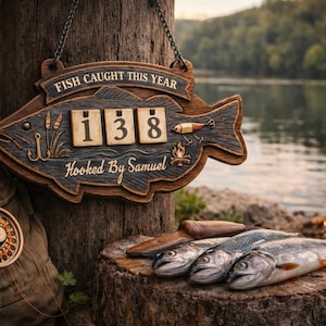 May include: A wooden fish-shaped sign with the text "FISH CAUGHT THIS YEAR" and a counter displaying "138" hangs on a tree. Below, it reads "Hooked By Samuel." Three fish rest on a tree stump near a campfire and fishing gear.