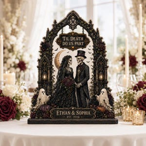 Personalized Gothic Wedding Wooden Block, Skeleton Bride Groom Sign, Till Death Couple Decor, Halloween Anniversary Gift