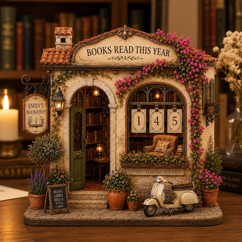 May include: A miniature bookstore model titled "BOOKS READ THIS YEAR" with a hanging sign "EMILY'S BOOKSHOP," a cream-colored scooter, potted plants, pink flowers, and a small chalkboard sign reading "BUON LIBRO BELLA VITA" on a stone-textured base.
