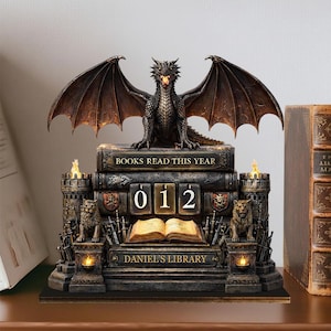 Drakbokspårare, fantasyböcker lästa i år, personlig lässpårare, drakbiblioteksdekor, present till bokälskare