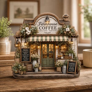 May include: A miniature farmhouse coffee shop model with a green and white striped awning. The sign reads "Farmhouse Coffee" and "Simple Coffee, Warm Hearts." The model includes a menu board, flowers, and the text "Coffee is better on the farm."