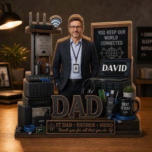 May include: A wooden IT-themed desk ornament with the word "DAD" in large letters. It features a man, a laptop, a mug that says "BEST IT DAD", and the text "YOU KEEP OUR WORLD CONNECTED". The ornament includes a router, server, and other tech elements.