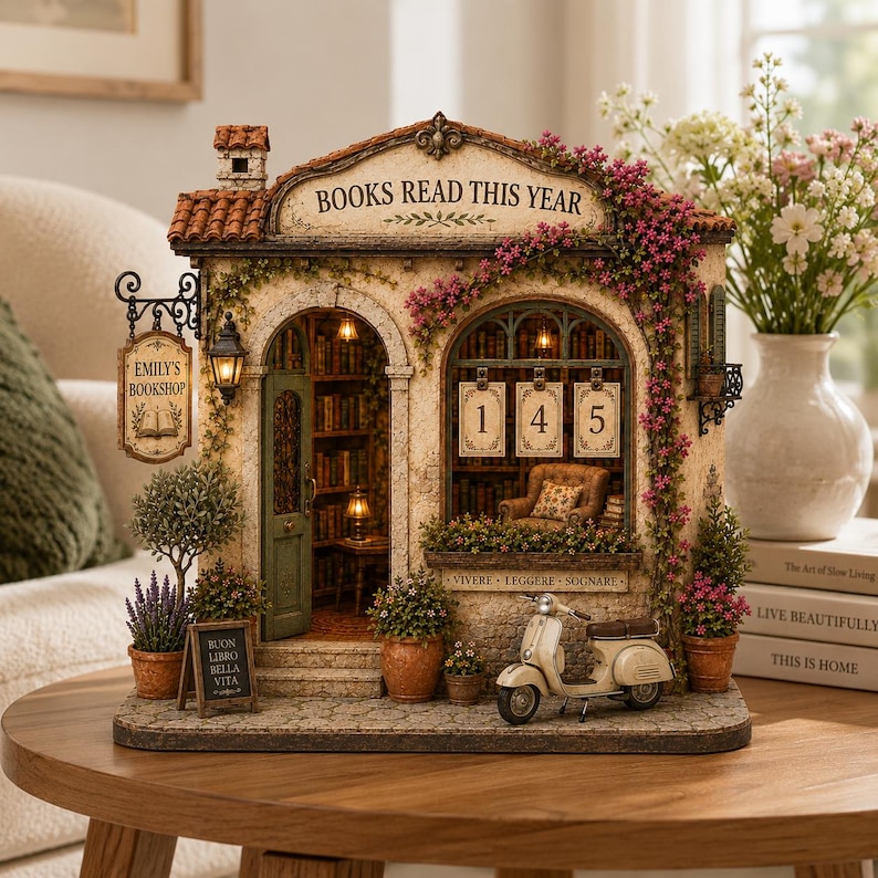 May include: A miniature bookshop model titled Emily's Bookshop with a Books Read This Year sign, a hanging sign, a green door, a scooter, potted plants, and a window display showing the number 145. The structure features stone-like walls and vines.