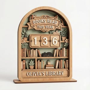 Vintage träbokskylt, personlig läsdisk, dekoration för böcker lästa i år, personlig bibliotekspresent till bokälskare bild 2