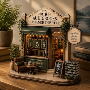 May include: A miniature audio lounge diorama with the text "AUDIOBOOKS LISTENED THIS YEAR." The model features a small shop with a green awning, a sign that says "Sophia's Audio Lounge," and a stack of miniature books. The number "158" is displayed.