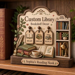 以下が含まれることがあります： 「Custom Library Bookshelf Decor」の文字が入った木製の本棚の装飾。小さな本棚、"Read, Dream, Repeat"の文字が入った3つのタグ、本と紅茶のカップが入った小さな棚があります。ベースには「Sophia's Reading Nook」と書かれています。