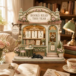 May include: A miniature bookstore diorama with the text "BOOKS READ THIS YEAR" and "Emily's Bookshop." The display shows "012" on the counter. A black cat figurine rests in front of the door. The scene is decorated with flowers and books.