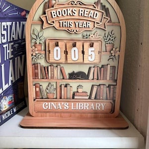 Vintage träbokskylt, personlig läsdisk, dekoration för böcker lästa i år, personlig bibliotekspresent till bokälskare bild 9