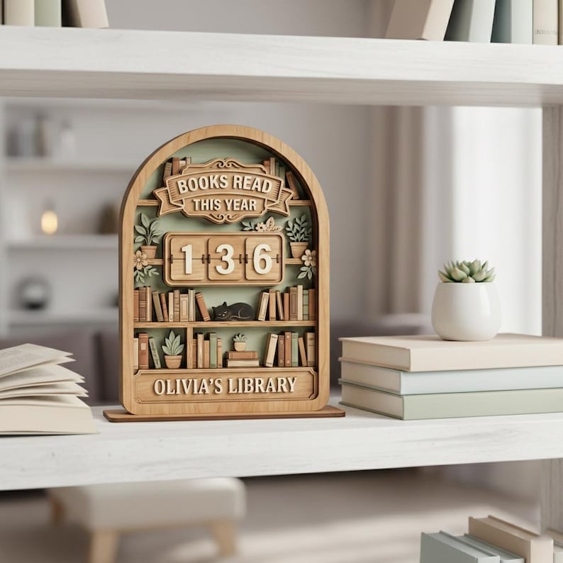 Vintage träbokskylt, personlig läsdisk, dekoration för böcker lästa i år, personlig bibliotekspresent till bokälskare bild 5