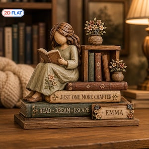 May include: A figurine of a person with long brown hair reading a book, seated on a stack of books. The books feature the text "JUST ONE MORE CHAPTER" and "READ • DREAM • ESCAPE" with a nameplate reading "EMMA". Two small vases with flowers are included.