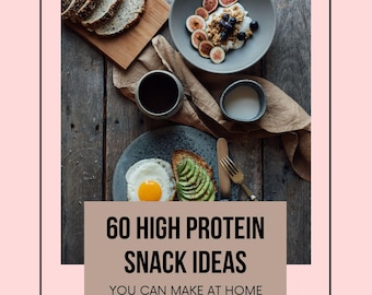 May include: A styled image featuring a variety of high-protein snack ideas. The image includes sliced bread, a bowl of yogurt with figs and blueberries, a plate with an egg and avocado toast, and the text "60 High Protein Snack Ideas You Can Make At Home."