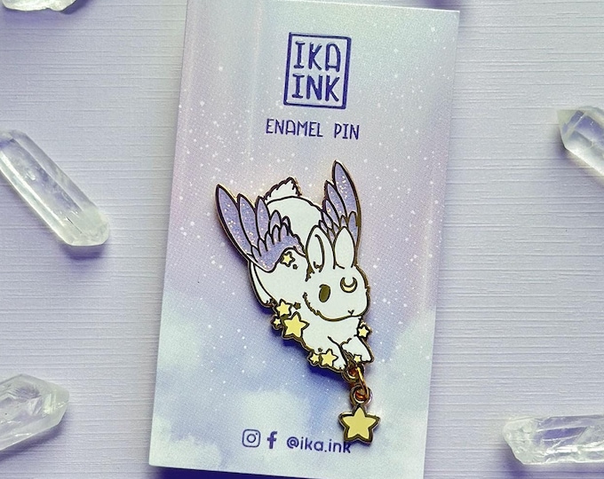 Celestial White Bunny Star Chaser Enamel Pin with Glitter Wings & Dangle Charm - Bowing