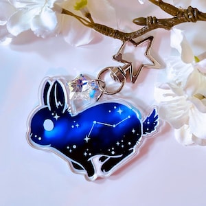 Stellar Constellation Bunny Keychain | Cute Double-sided Clear Acrylic Rabbit Charm Keychain With Rainbow Crystal Star Accent