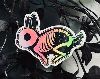 Running Skelebun Holographic Rabbit vinyl Sticker | A Spooky Halloween Bunny Skeleton Sticker