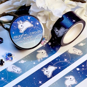 Celestial Circles Bunny Washi Tape, Cute Washi Tape With Space Rabbits and Stars for Bullet Journals and Planners, Cute Stationery