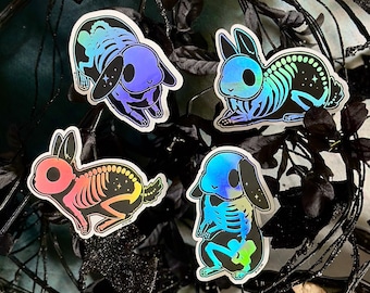 Skeleton Bunny Holographic Vinyl Sticker Set | Creepy & Spooky Skelebuns Halloween Rabbit Stickers