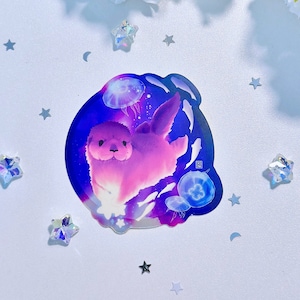 Cosmic Sea Otter Holographic Sticker: Baby Otter in Space with Stars and Jellyfish