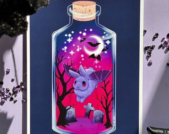 Vampire Bat Bunny Art Print | Cute Spooky Halloween Bunny Illustration