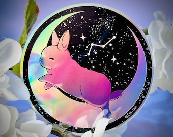 Moon Bunny Sticker, Holographic Rabbit Sticker with Constellations, Adorable Night Sky Bunny Vinyl Stocker, Gift for Bunny Lovers