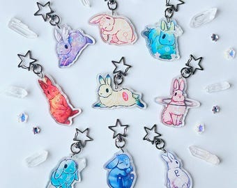 Può includere: Una collezione di portachiavi a forma di coniglietto colorati con chiusure a forma di stella. I portachiavi presentano vari disegni e colori, tra cui rosso, blu, rosa e giallo. Lo sfondo include cristalli e accenti iridescenti.
