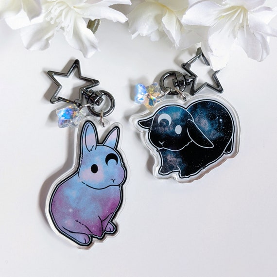 Moon Bunny Keychain: Double-Sided Acrylic Charm with Rainbow Crystal Star