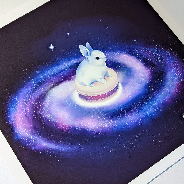 Bunny Milky Way Macaron Art Print | Cute Celestial Rabbit Illustration with Galaxy | 8.5x8.5 Square Matte Art Print