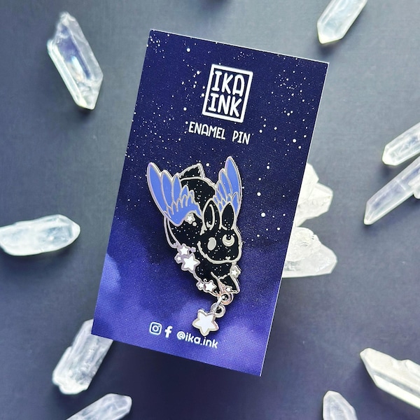 Celestial Black Bunny Star Chaser Enamel Pin with Glitter & Dangle Charm - Bowing