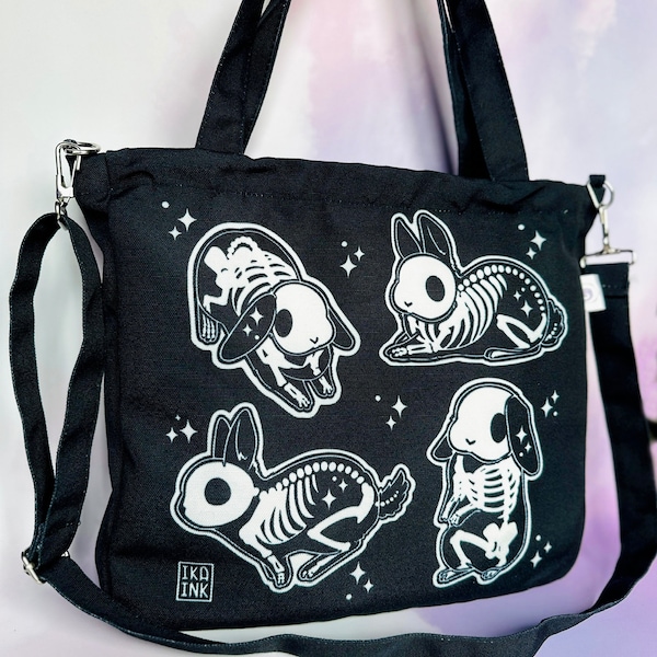 Bolso bandolera de conejito esqueleto con cremallera y bolsillos: bolso de mano espeluznante, con temática gótica y de Halloween.