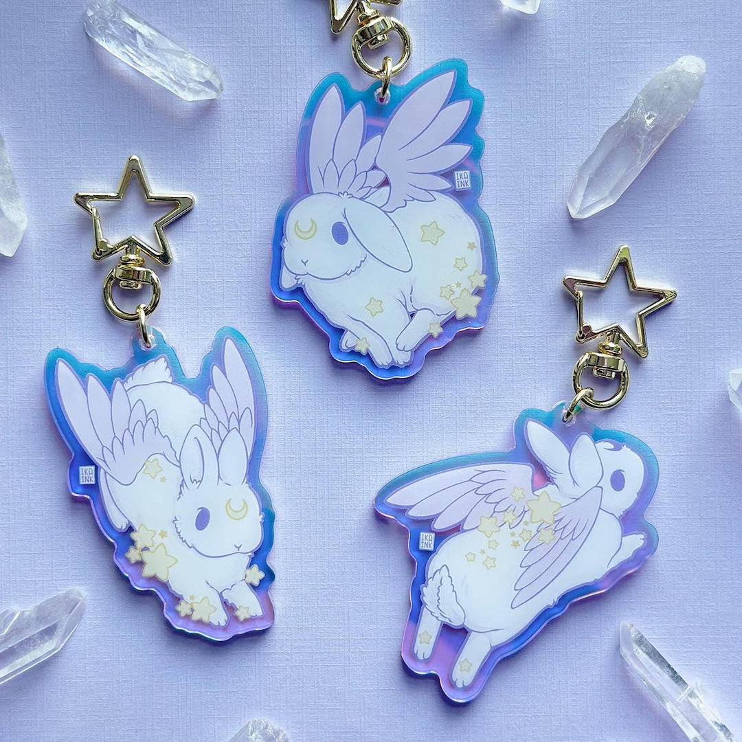Dvas Rabbit Keychain Iridescent Bunny Keychain: Double-sided Acrylic Charm With Gold Star - Etsy