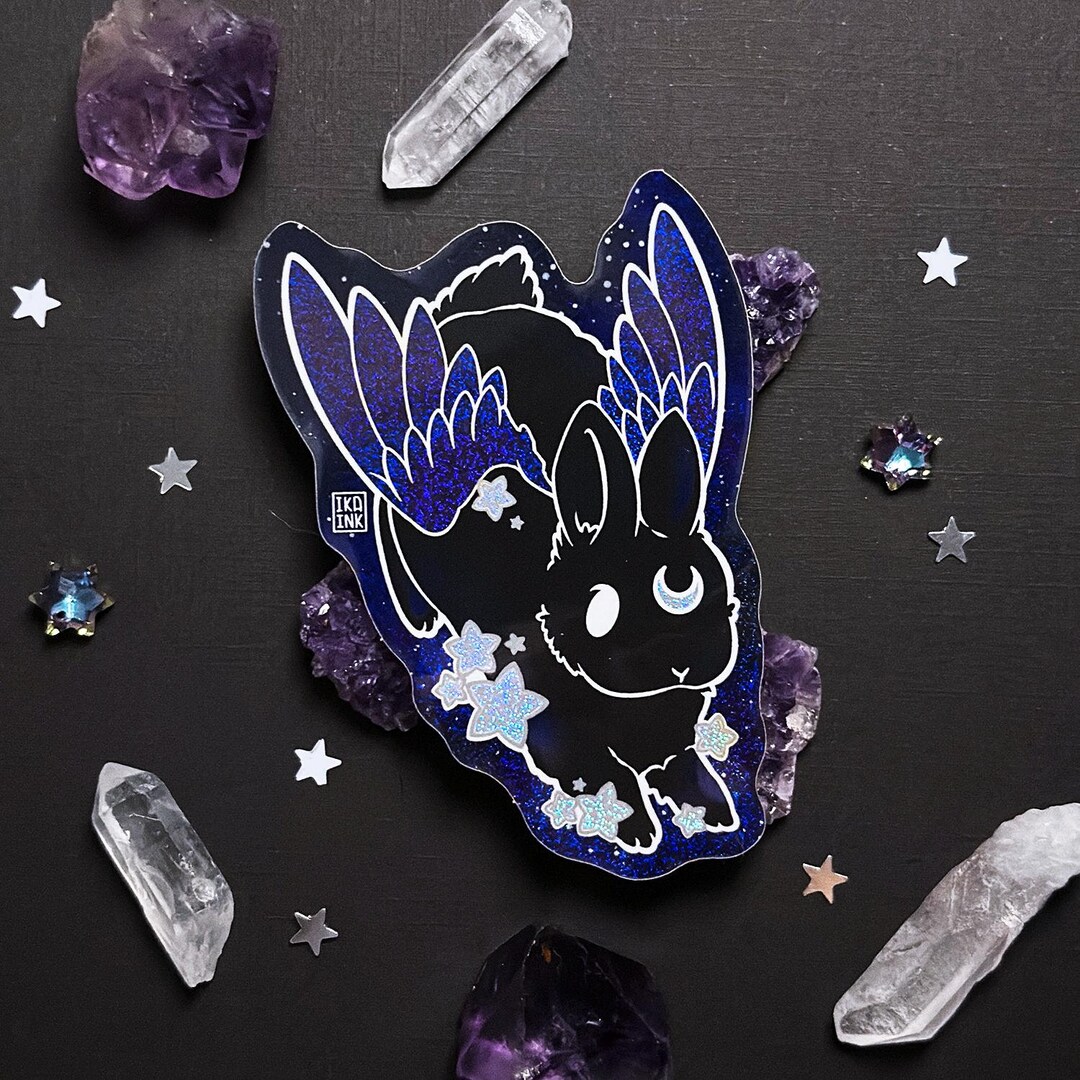 Dark Rabbit Stickers Black Winged Bunny Glitter Vinyl Sticker: Celestial Rabbit Bowing - Etsy