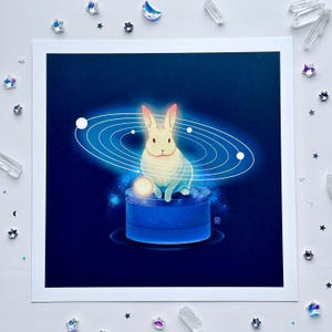 Impression d&#39;art de lapin du système solaire | Illustration et décoration intérieure de lapin céleste | Art mural mignon inspiré de l&#39;espace | 10 x 10 pouces