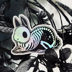 Sitting Skelebun Holographic Rabbit Vinyl Sticker | Spooky Halloween Bunny Skeleton Sticker